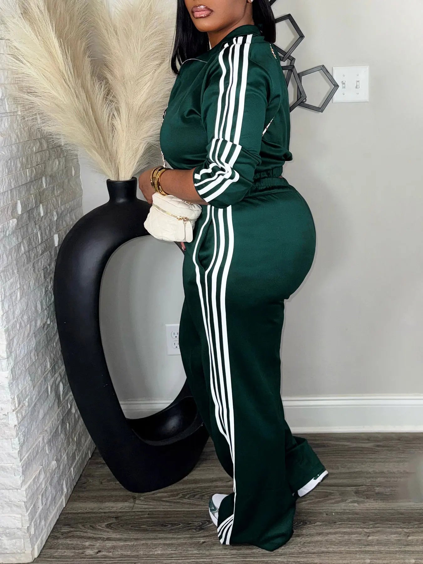 Women’s 2 Piece Tracksuit Set Zip-Up Top + High Waist Pants Side Stripe Casual Outfit