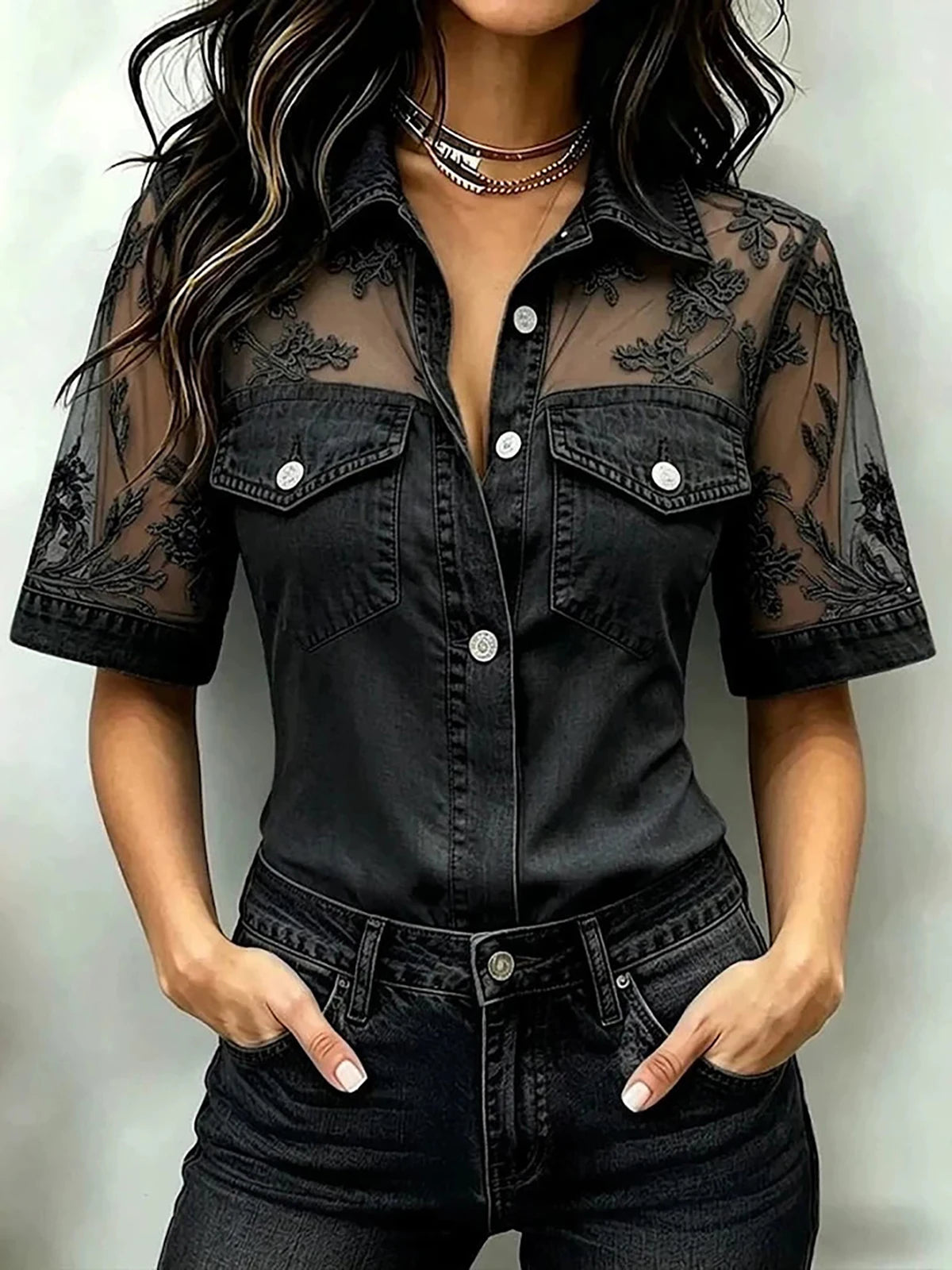 Soft Touch Floral Lace Patchwork Casual Denim Shirt For Women