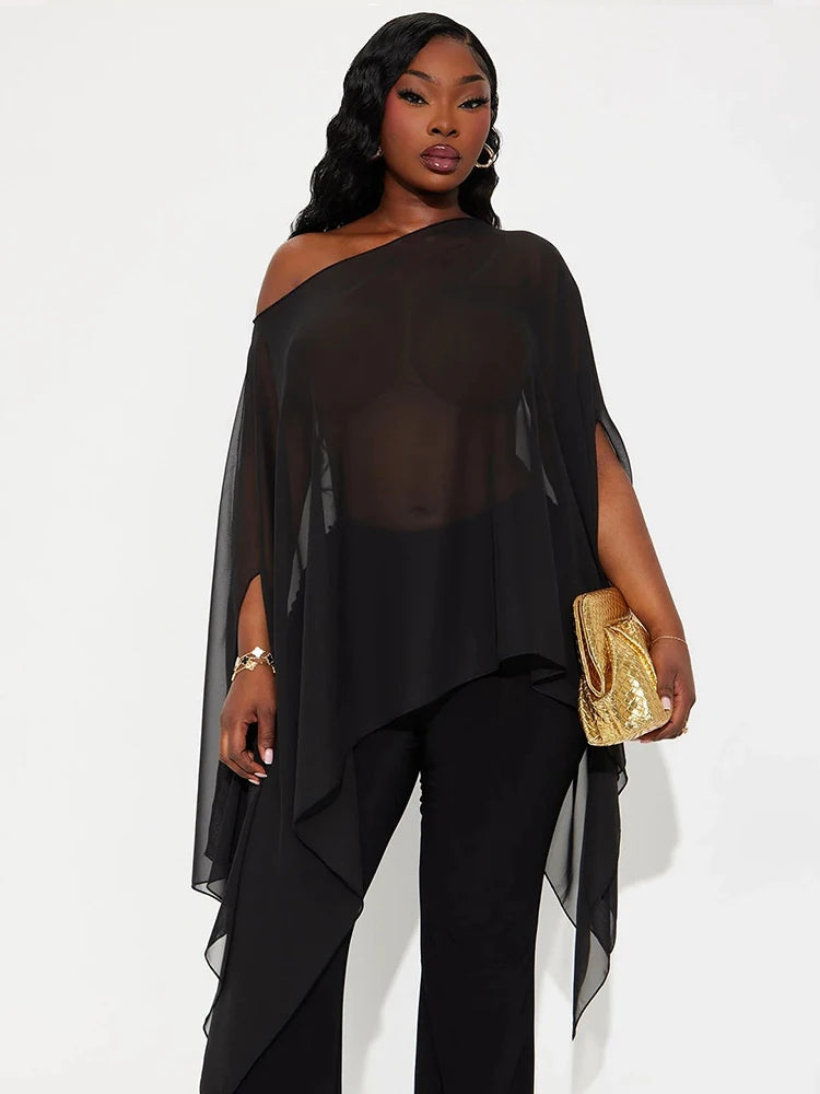 Nibber Hottie Mesh See Through Shawl Top Woman Skew Collar Batwing Sleeve Irregular Navel Exposed Design Sexy Fashion Clothing