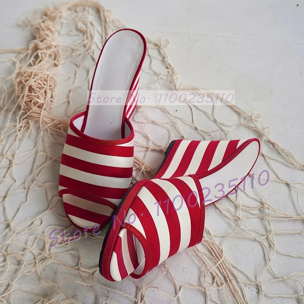 Elegant Red Stripe Canvas Open Toe Wedge Mules For Women