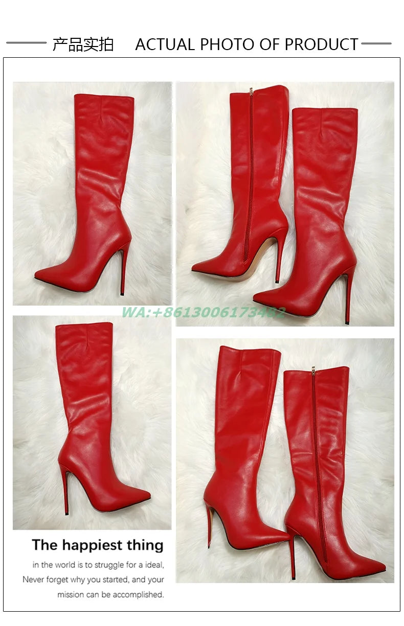 Sexy Lady Pointed Toe 12Cm High Heel Boots Women Knee High Pointy Stilettos Boots Plus Size Skinny Boots