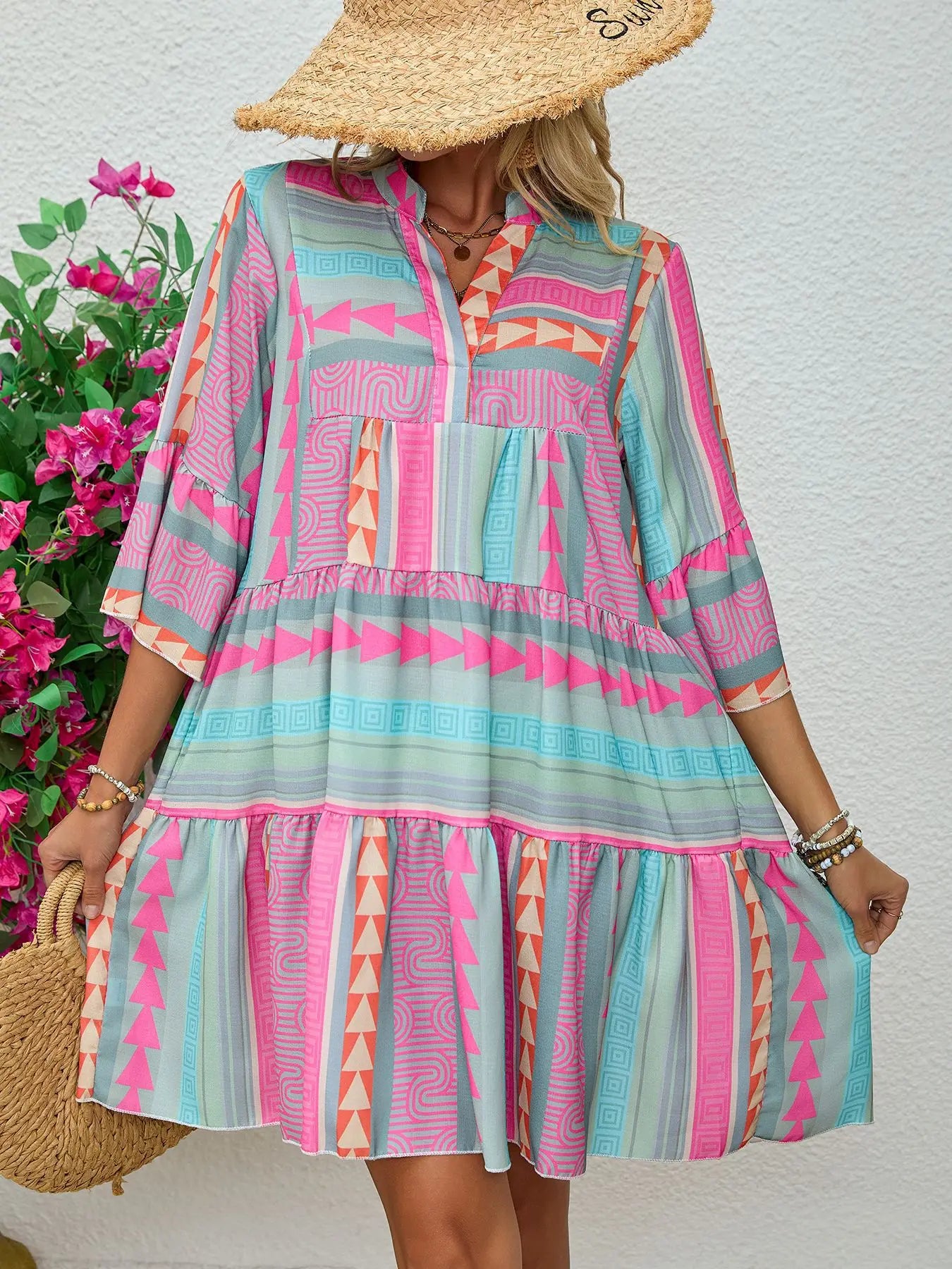 Floral Print V Neck Three Quarter Sleeve Pullover Dress For Women