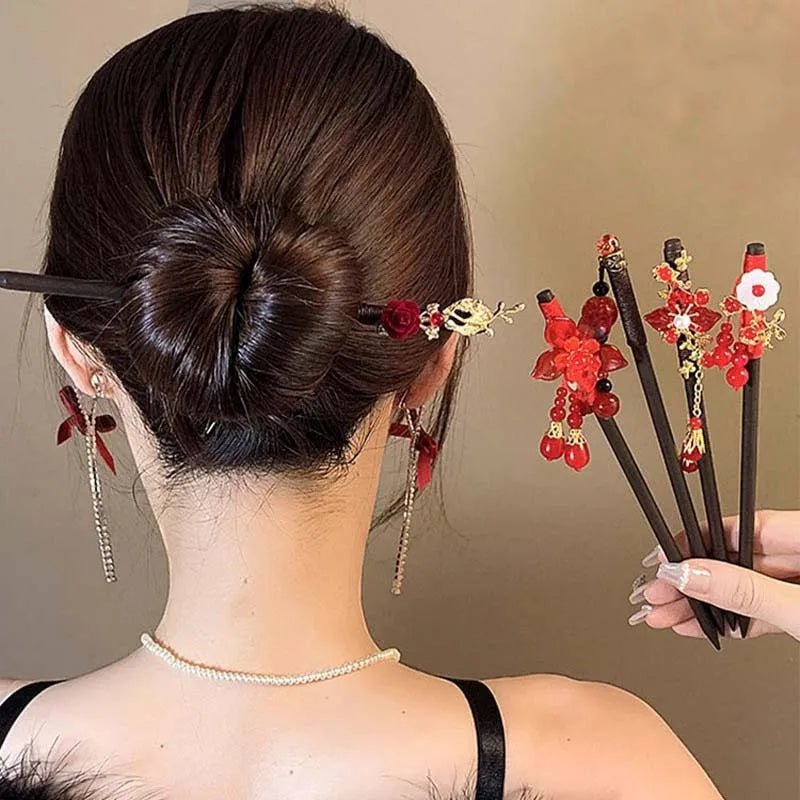 Red Floral Wooden Hanfu Hair Stick