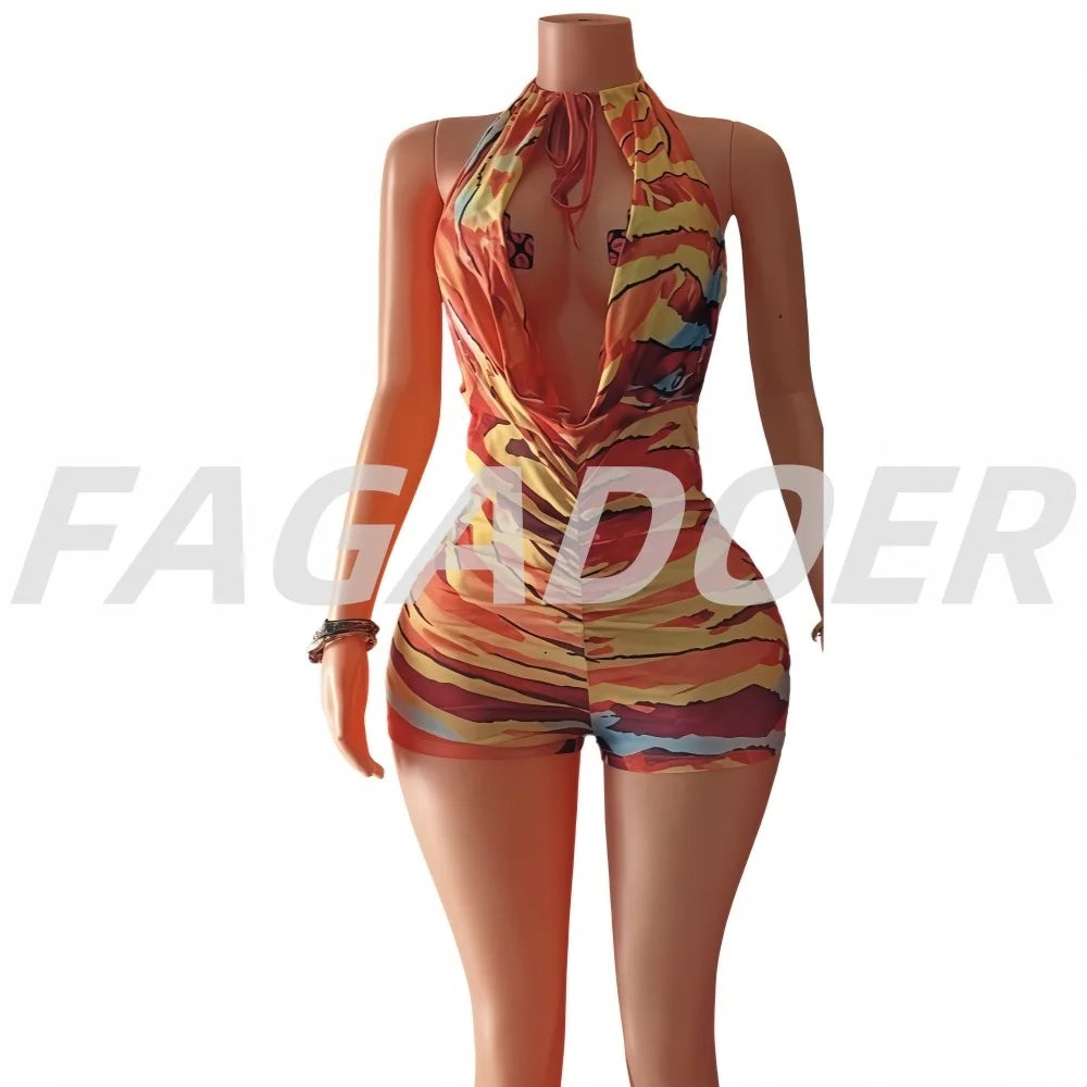 FAGADOER Sexy Printing Bodycon Bikini Rompers Women Halter Hollow Out Sleeveless Backless Jumpsuits Female Clubwear Overalls New