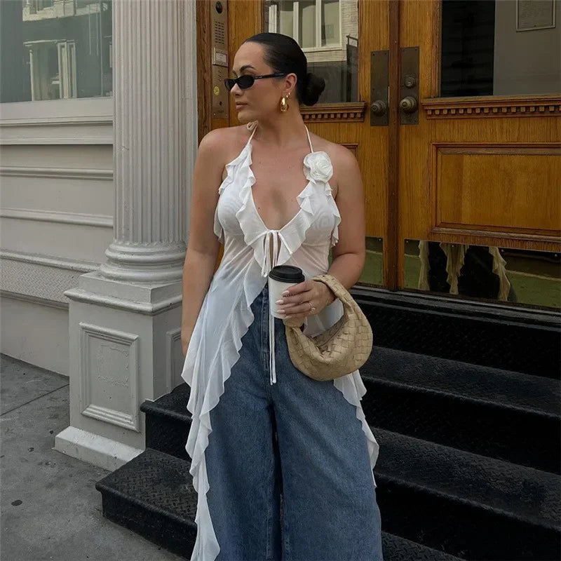 Y2K Sheer Mesh Spaghetti Strap Camisole Top White Ruffle Fringe Halter Tops Coquette Fairy Core Clothes 2024 Fashion