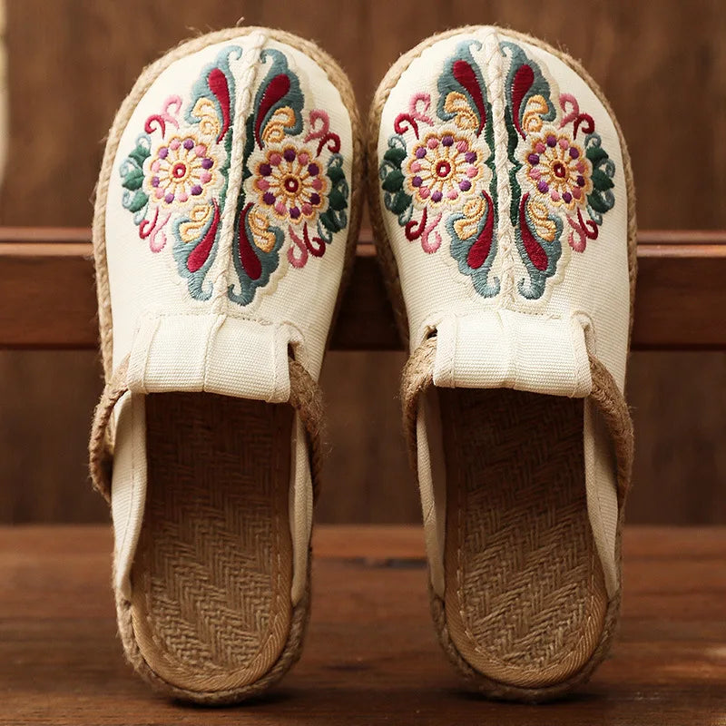 Embroidered Floral Retro Handmade Slides for Women