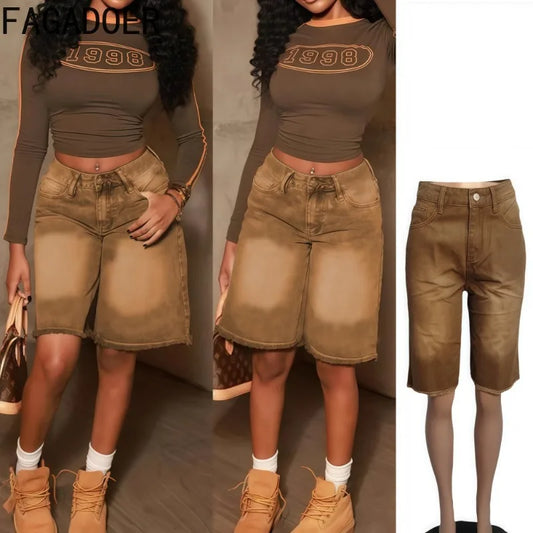 FAGADOER Y2K Fashion Denim Shorts Women Tie-dye Pocket Straight Jeans Shorts Pants Female Streetwear Bottoms 2025 Summer New