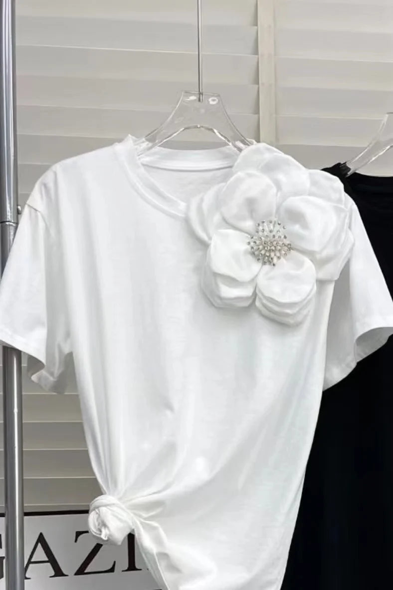 Three-Dimensional Beaded Floral Embroidery Short Sleeve T Shirt for Women