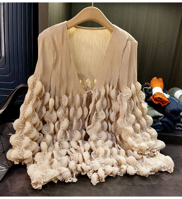 Elegant Lace Up Pleated Long Sleeve Coat for Women