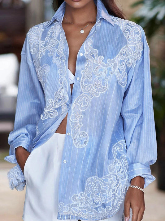 Striped Patchwork Lace Elegant Shirt For Women Lapel Long Sleeve Spliced Irregular Hem Temperament Blouse Female Fashion New