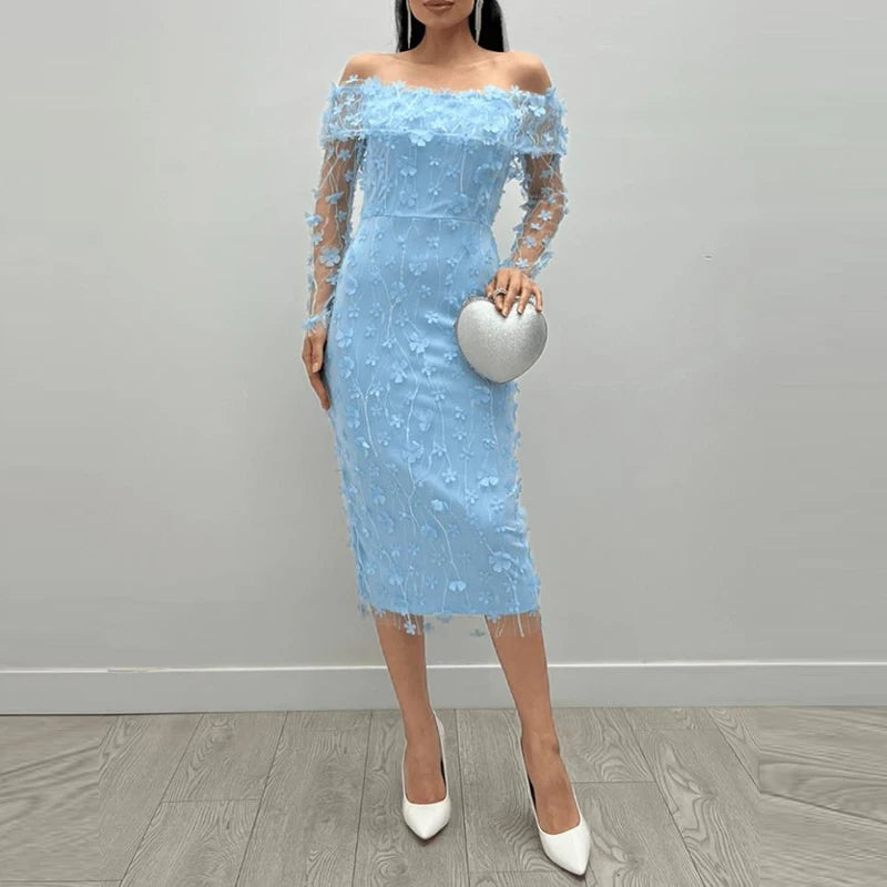 Floral Mesh Off Shoulder Slim Fit Party Long Dress for Women