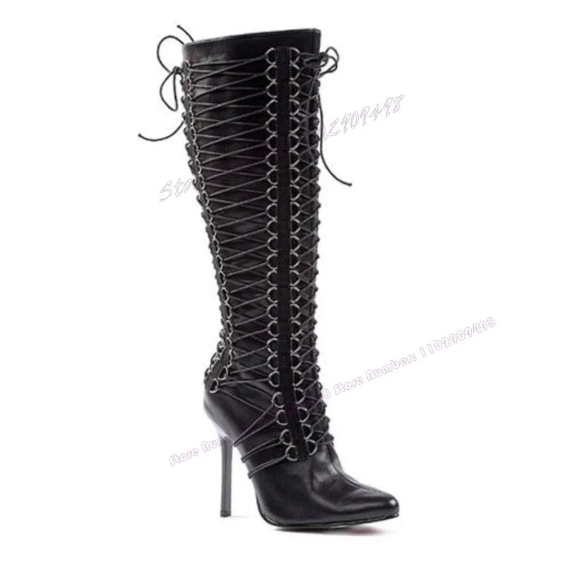 Cross-Tied Buckle Knee High Boots