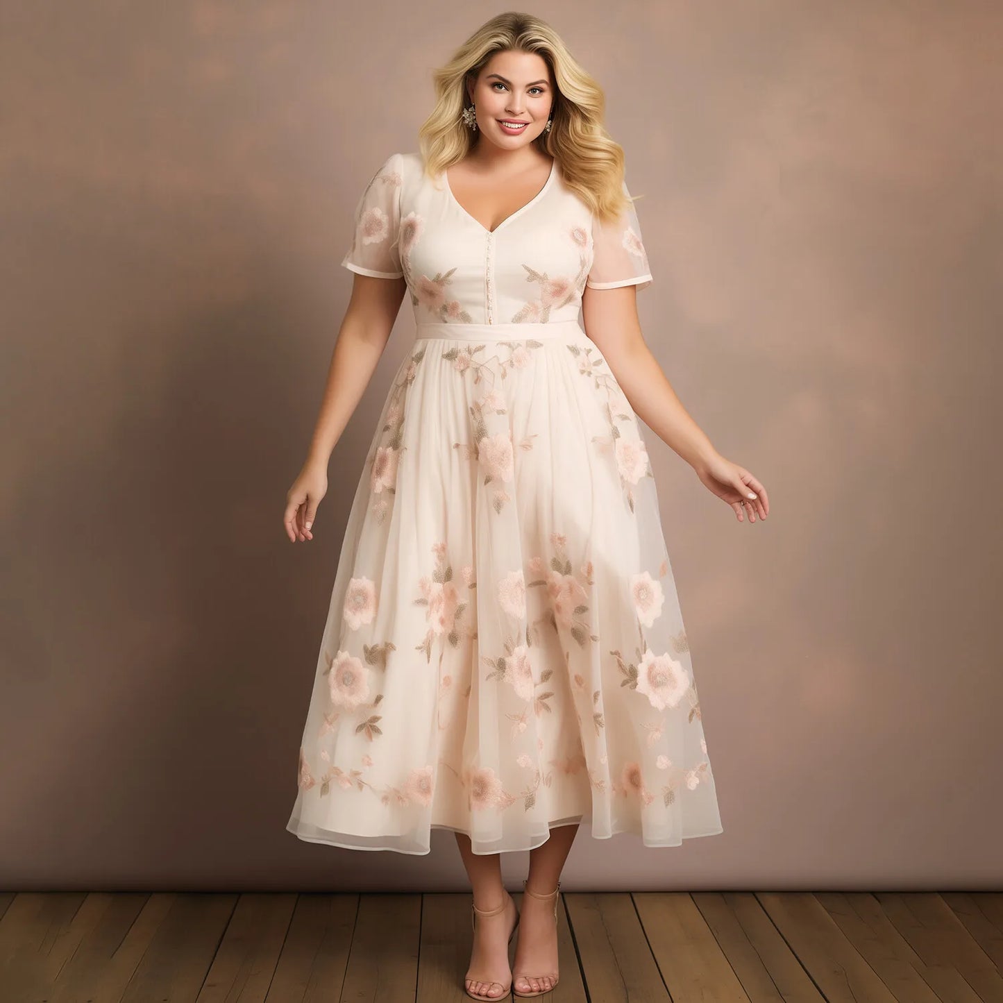 Flycurvy Plus Size Wedding Guest Beige Mesh Button Floral Print Midi Dress