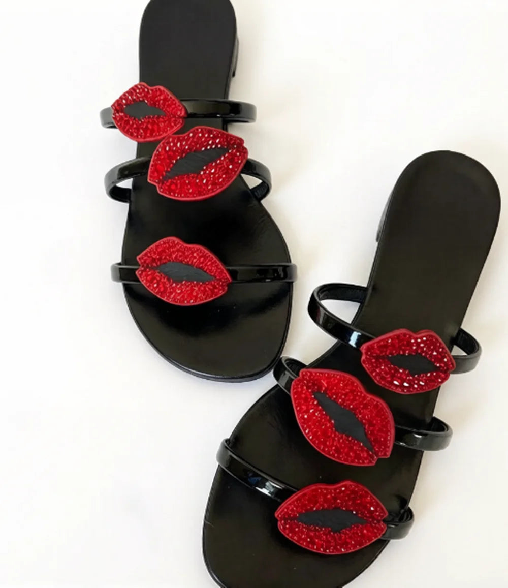 Open Toe Patent Leather Stiletto Sandals With Lip Embellishments for Women