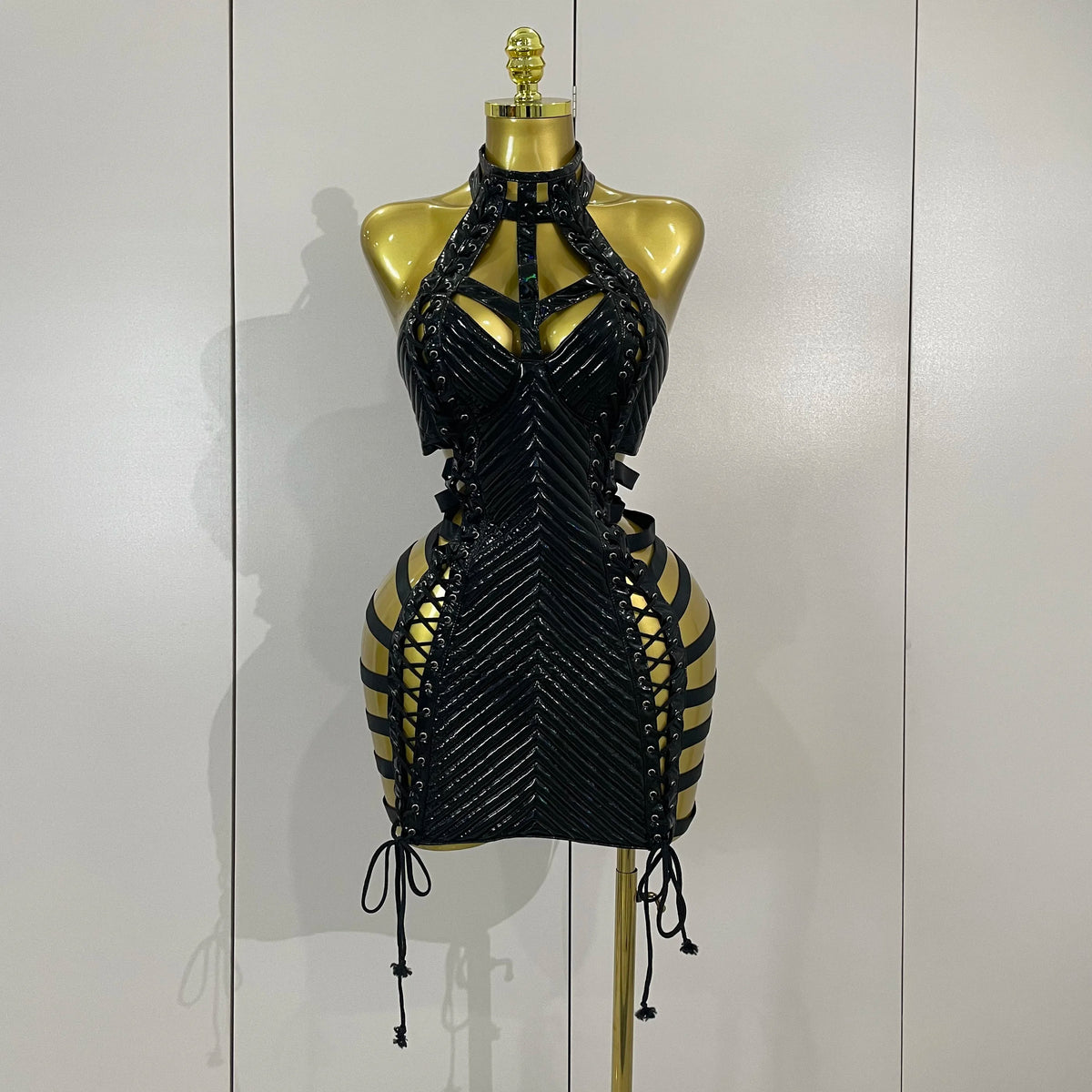 Sexy Black Leather Hollow Out Gothic Bandage Halter Short Dress Women Gogo Dance Singer Nightclub Bar Performance Stage Wear
