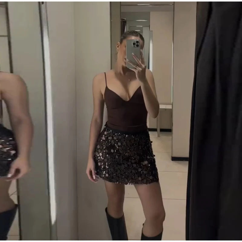 Sequined Paillette High Waist A Line Mini Skirt for Women