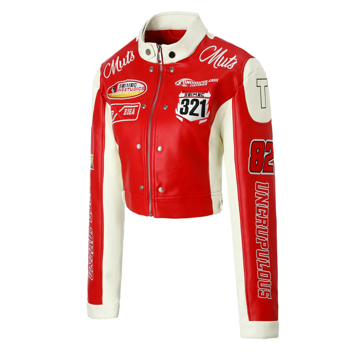 Contrasting Color Embroidered PU Leather Jacket for Women