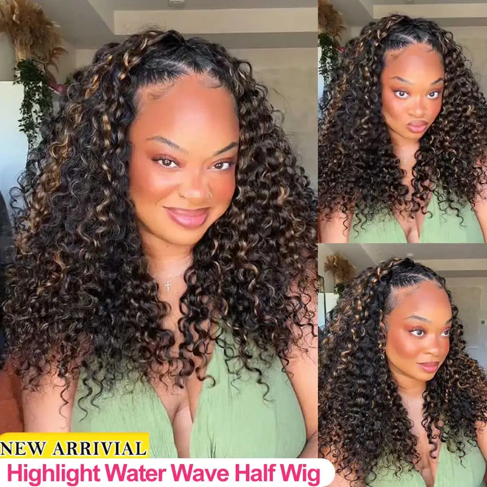 Water Wave Highlight Glueless Half Wig With Seamless Clips for Women