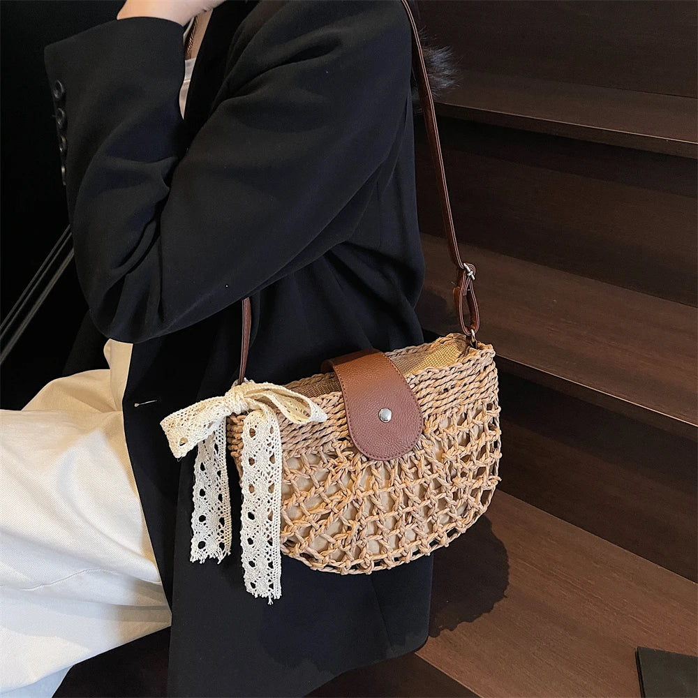 Straw Knitted Shoulder Bag With Bowknot Handmade for Women