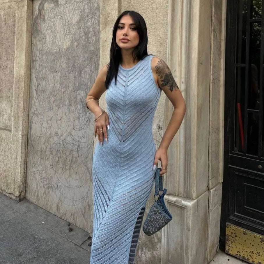 White Ankle Length Hollowed Out O Neck Sleeveless Dress for Women