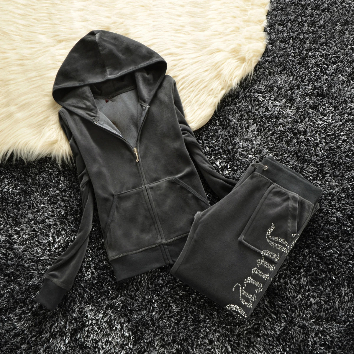 Y2K Velvet Rhinestone Two Piece Tracksuit Set for Women