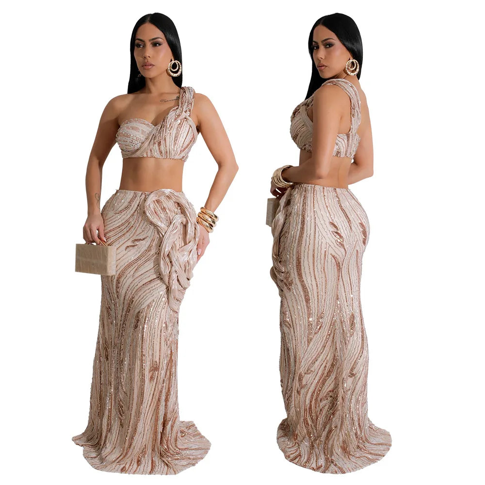 CM.YAYA Women’s Dress Set Mesh Sequined Ribbon Sleeveless Strap Top + Long Skirts Sets 2 Two Pcs Sets Sexy Party Evening Oufits