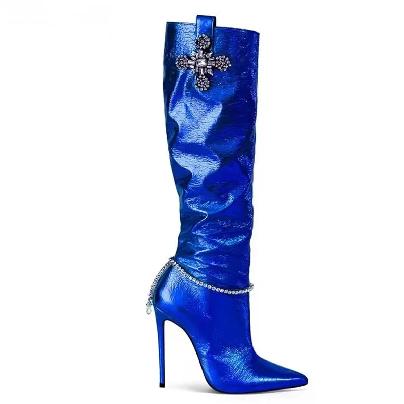 Bright Shining Women Deign Pointed Toe High Heel Knee Boots Crystal Beading High Heel Women Pointy Knee High Boots Plus Size
