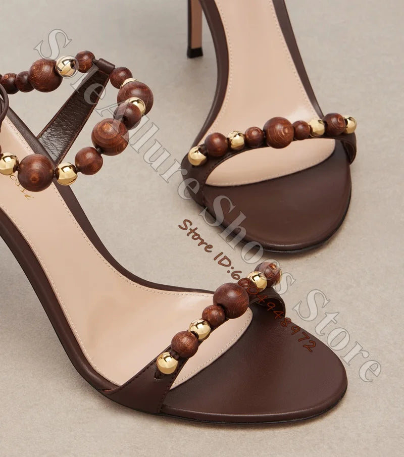 Metallic Gold Open Toe Lace Up Wood Bead Stiletto Sandals for Women