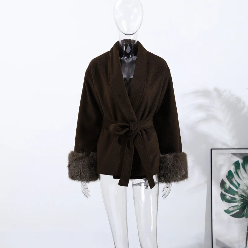 Plush Cuffs Belt Women 's Coats Elegant Lapel Faux Fur Sleeve Twist Open Coat Female 2025 Autumn Winter Fashion Lady Streetwears
