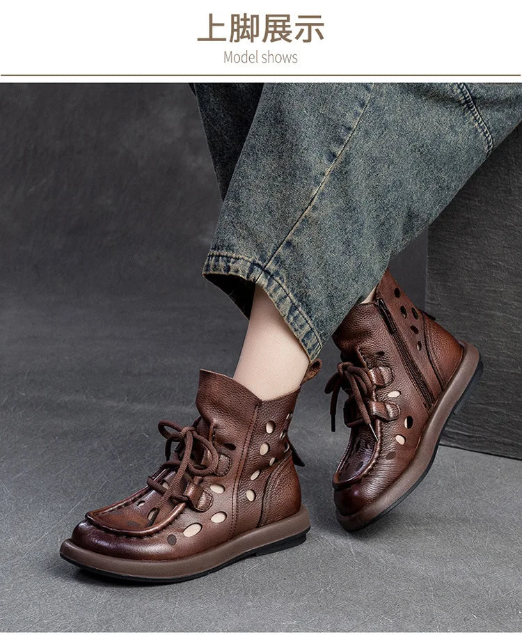 Breathable Hollow-Out Genuine Leather Ankle Boots for Women