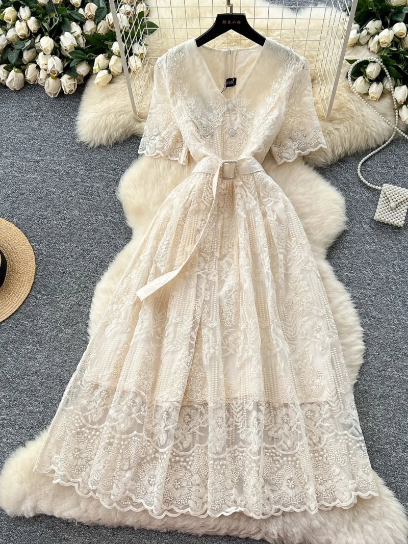 Elegant Lace Embroidery A Line Midi Dress for Women