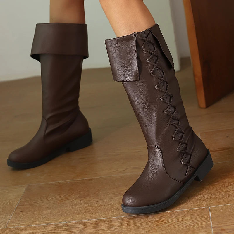 Retro Cross-Tied Flat Mid-Calf Costume Boots for Women