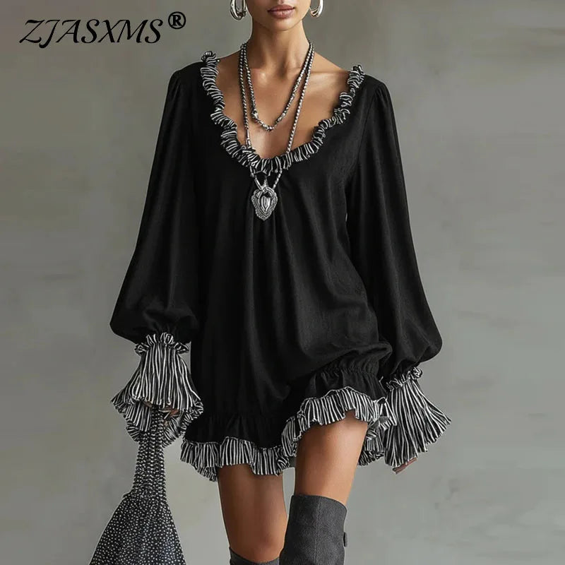 Retro Striped Ruffle Long Sleeve Mini Dress For Women