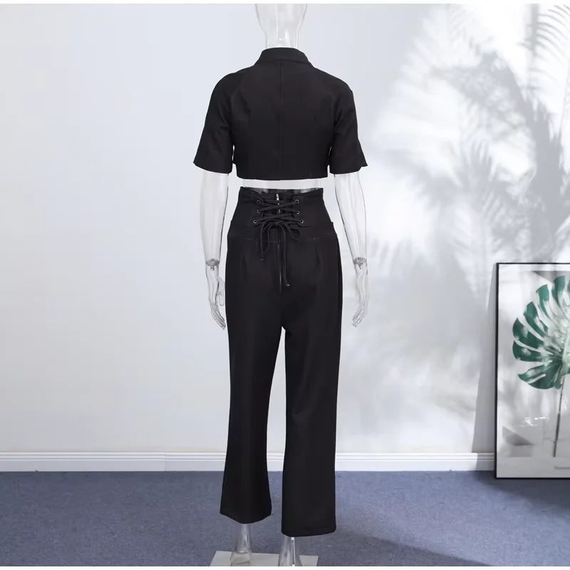 Single Button Denim Jacket With Wide Leg Pants For Women