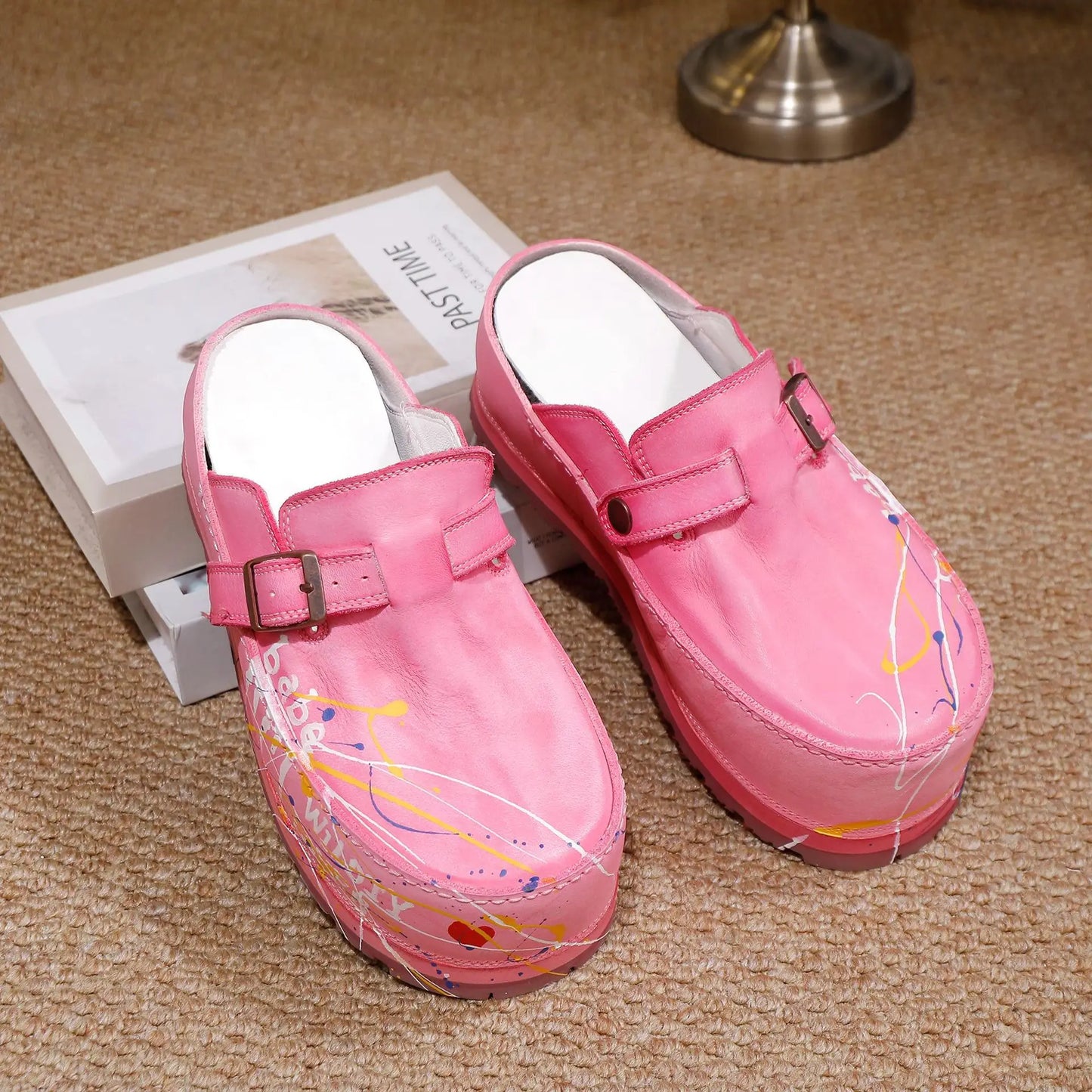 Hand Drawn Leather Platform Slippers with Round Toe for Women