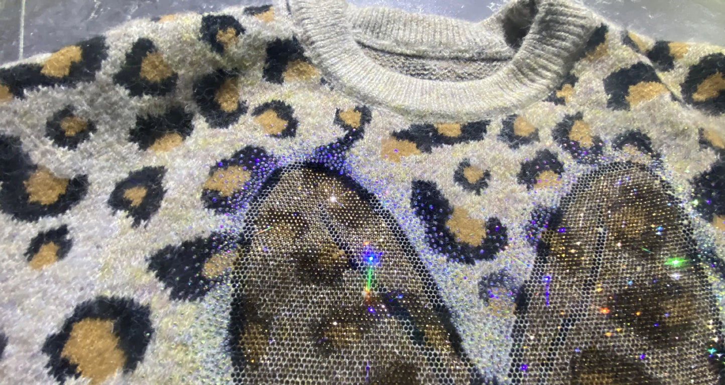 Lazy Wind Cartoon Hot Drilling Women Knitted Pullover Top Fashion Autumn Winter Mid-long Leopard Full Sleeve Casual Sweater Tops