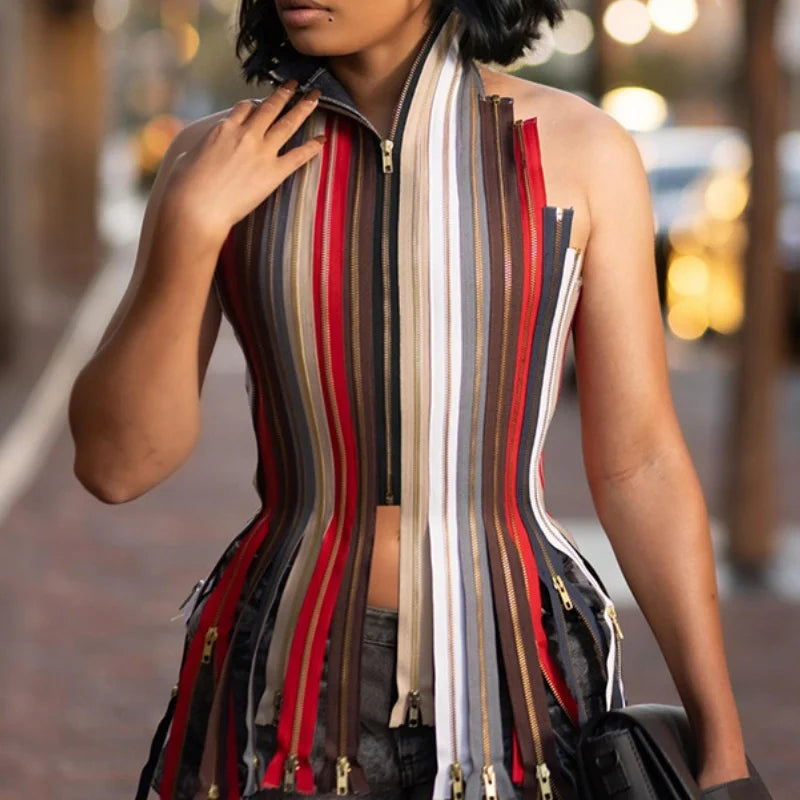 Multicolor Zipper Fringe Halter Top Backless Bodycon for Women