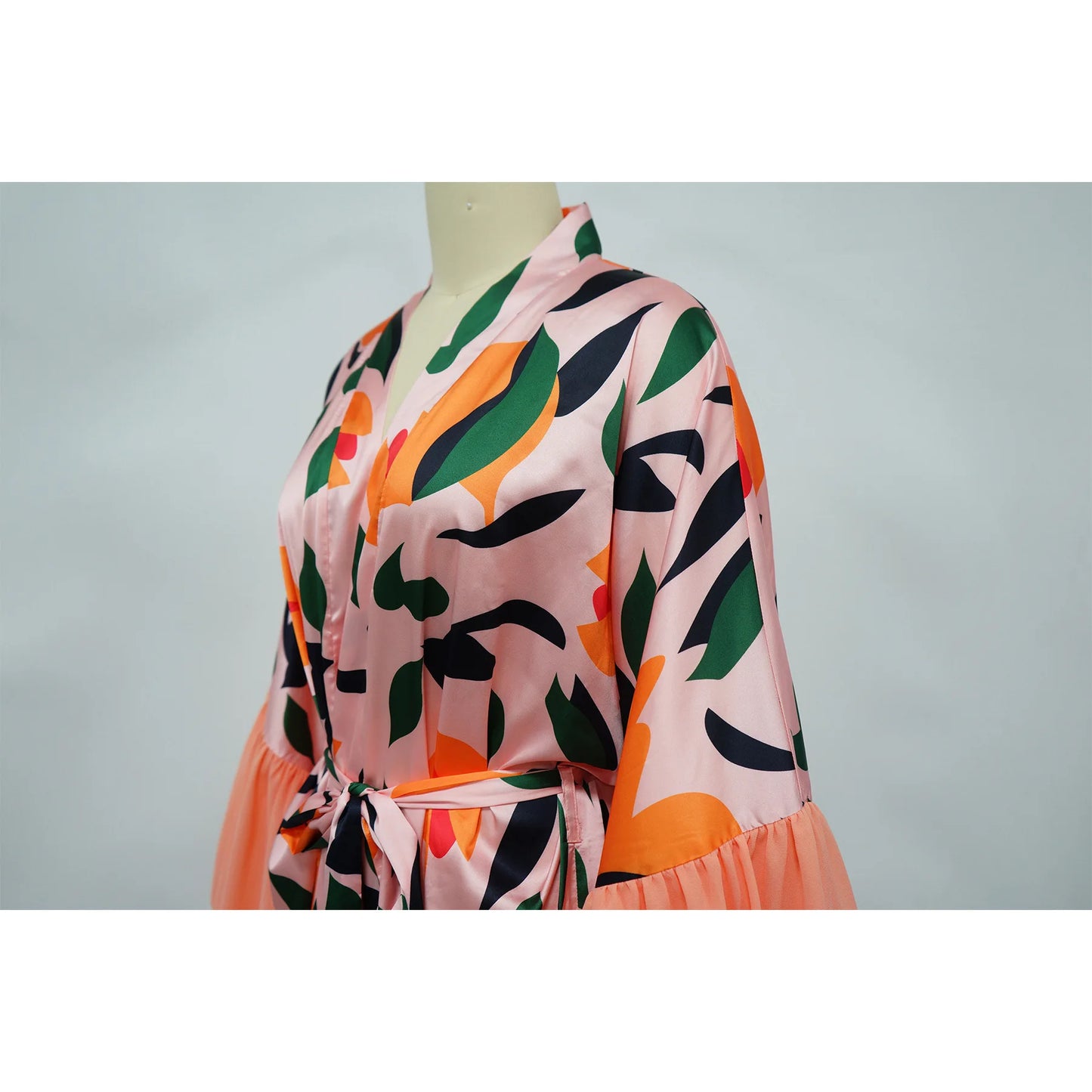 Vintage Floral Printed Chiffon Long Cardigan With Ruffle Sleeves for Women