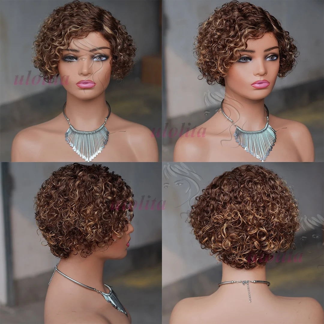 Ombre Pixie Cut Curly Bob Human Hair Wig for Women