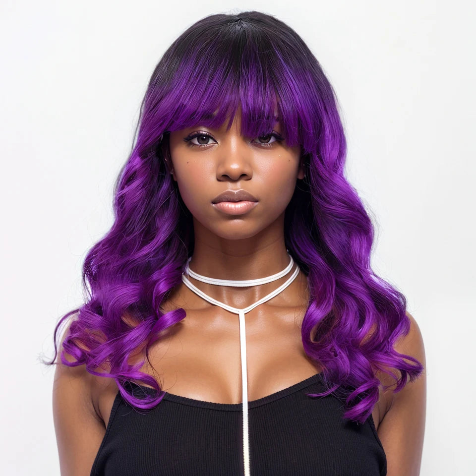 Long Purple Body Wave Human Hair Wig With Bangs for Women
