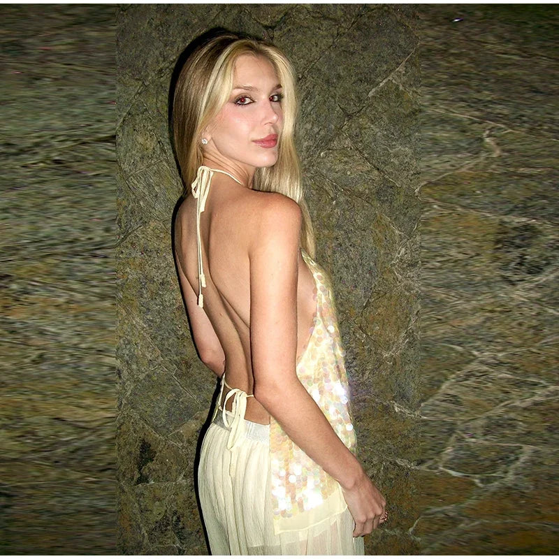 Elegant Sequined Mesh Backless Halter Top for Women