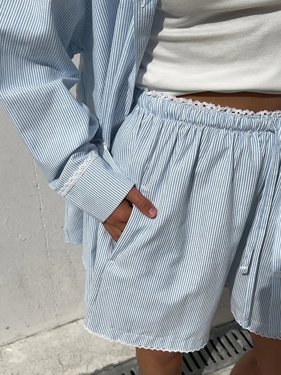 Striped Long Sleeve Cotton Shirt And Shorts Set For Women
