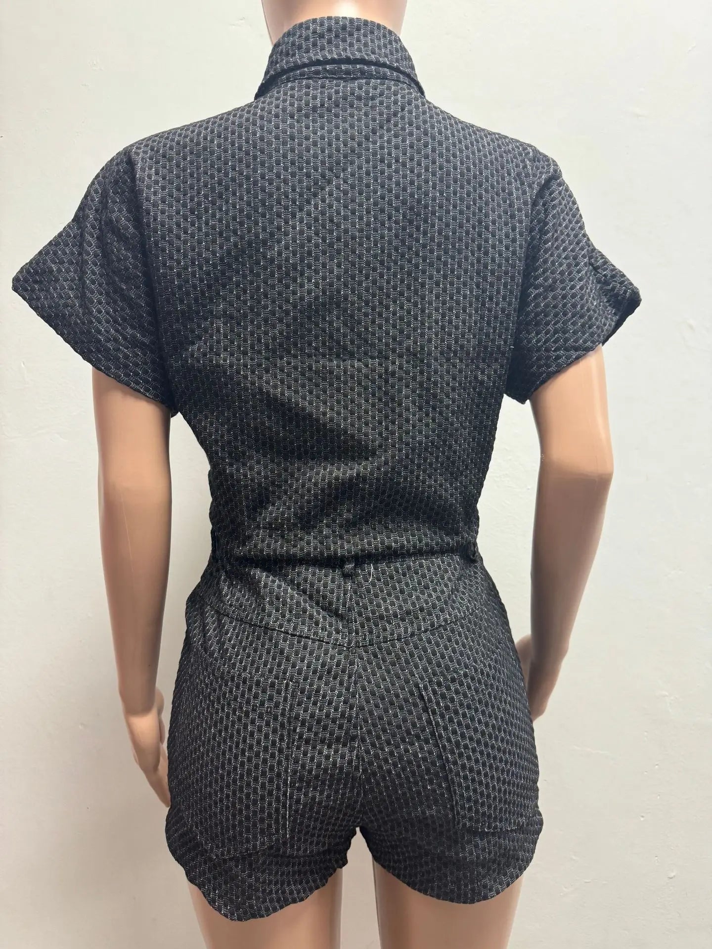 Embroidered Polo Neck Two Piece Denim Shorts Set for Women