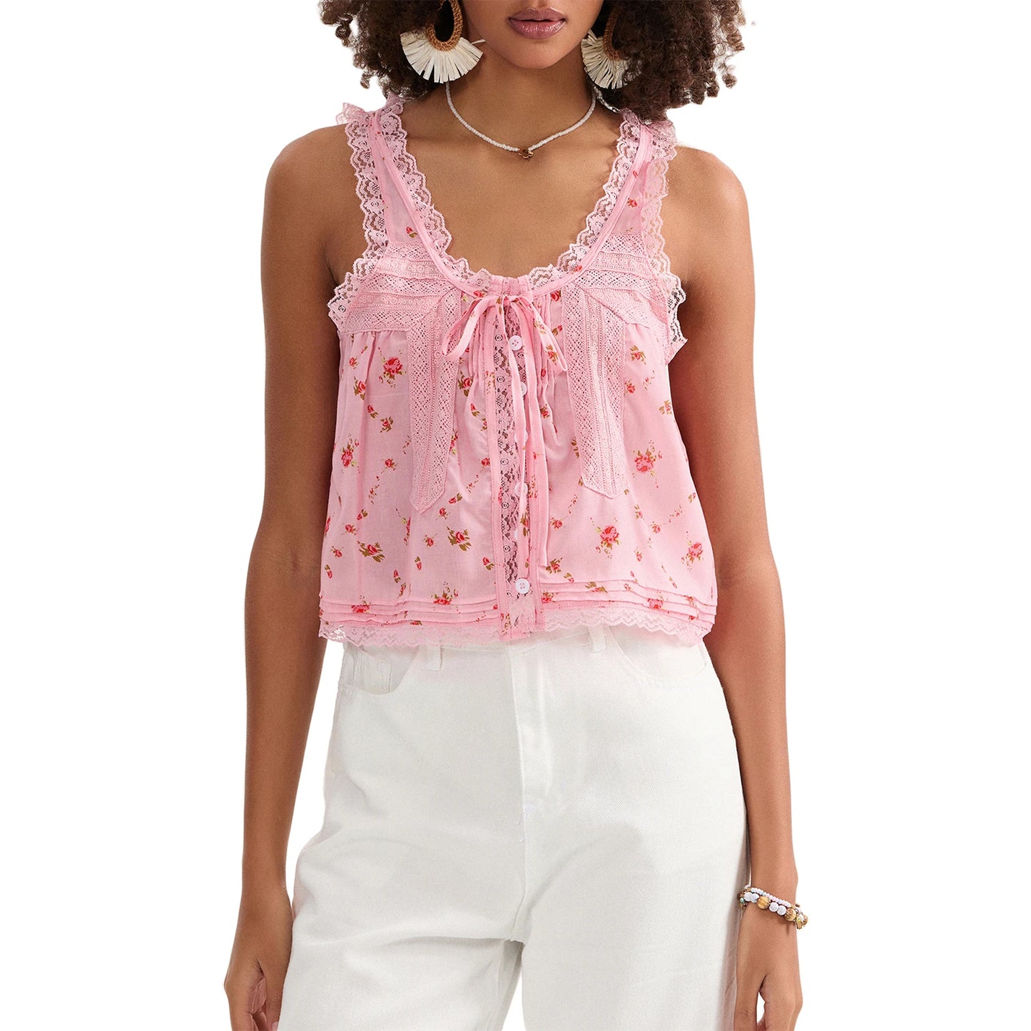 Spaghetti Strap Mesh Flowy Lace Trim Crop Top for Women