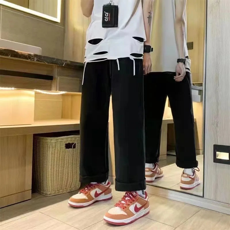 Japanese hip-hop Brocade carp printed jeans same style couple washed high waist retro casual loose ins straight wide leg pants