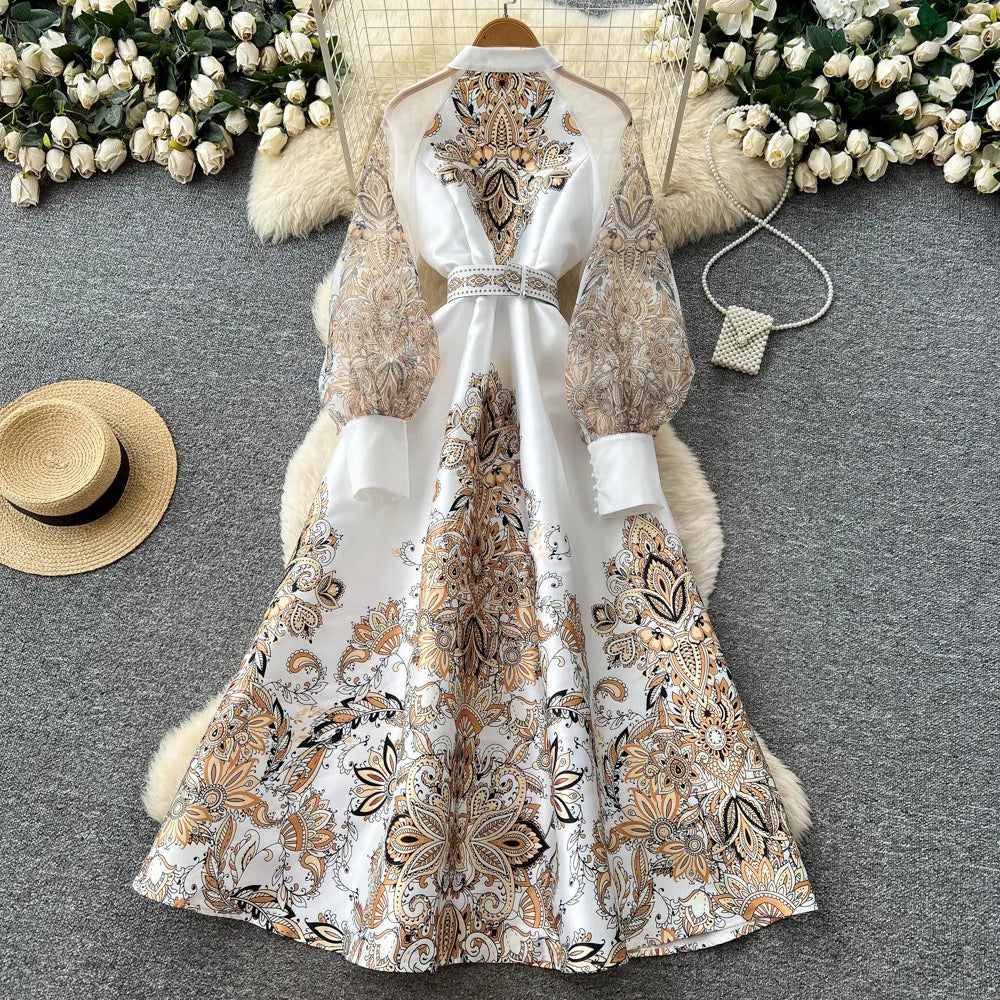 Elegant Printed Mesh Spliced A Line Maxi Dress for Women