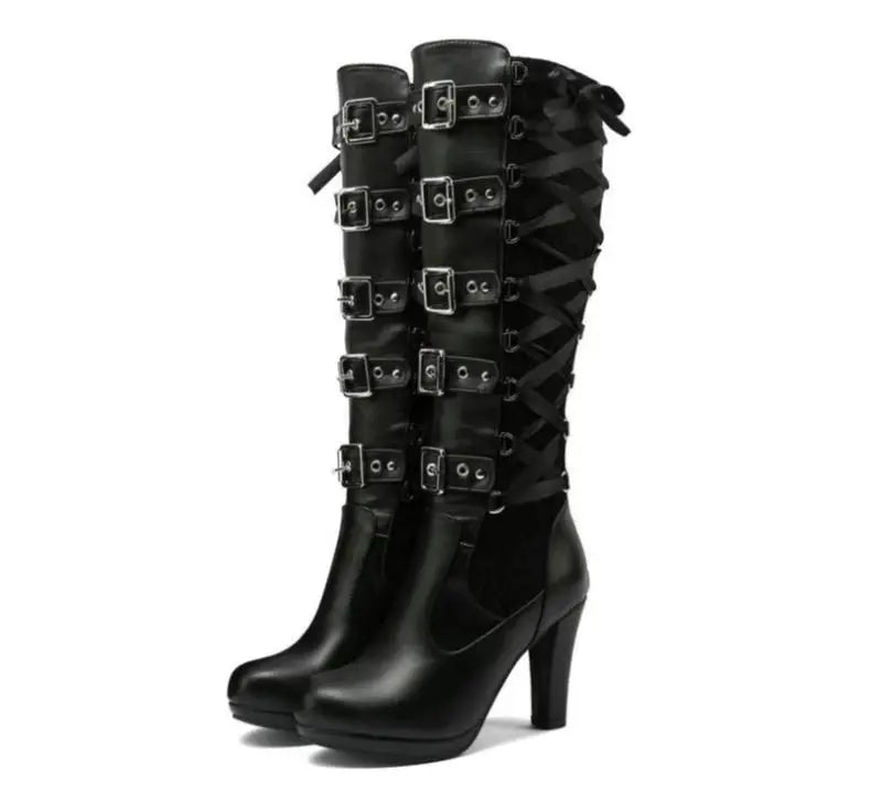 Lace Up Chunky High Heel Mid Calf Boots for Women