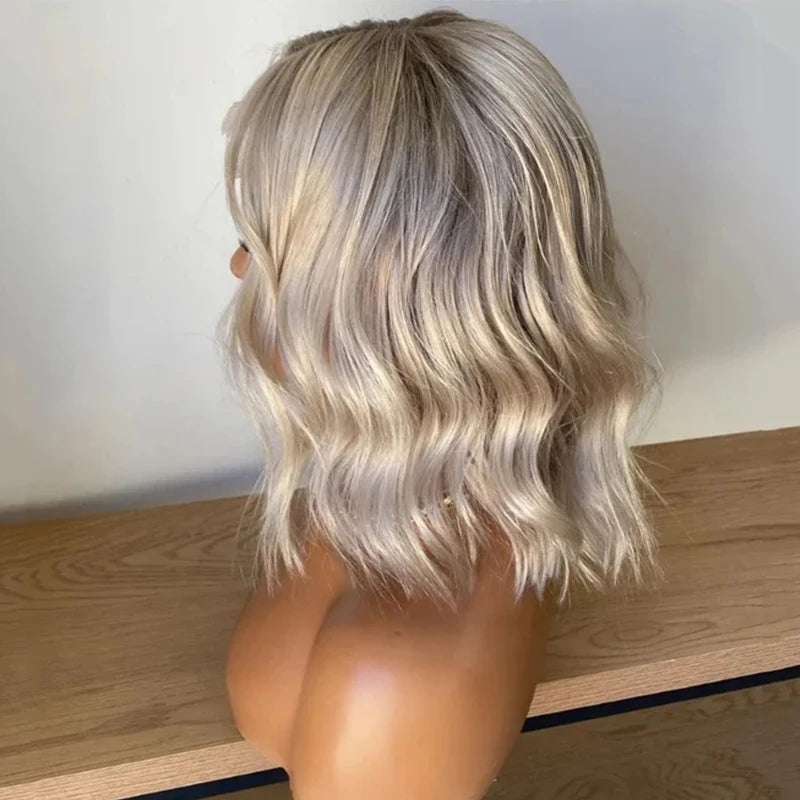 Platinum Icy Blonde Ombre Lace Front Wavy Bob Wig For Women