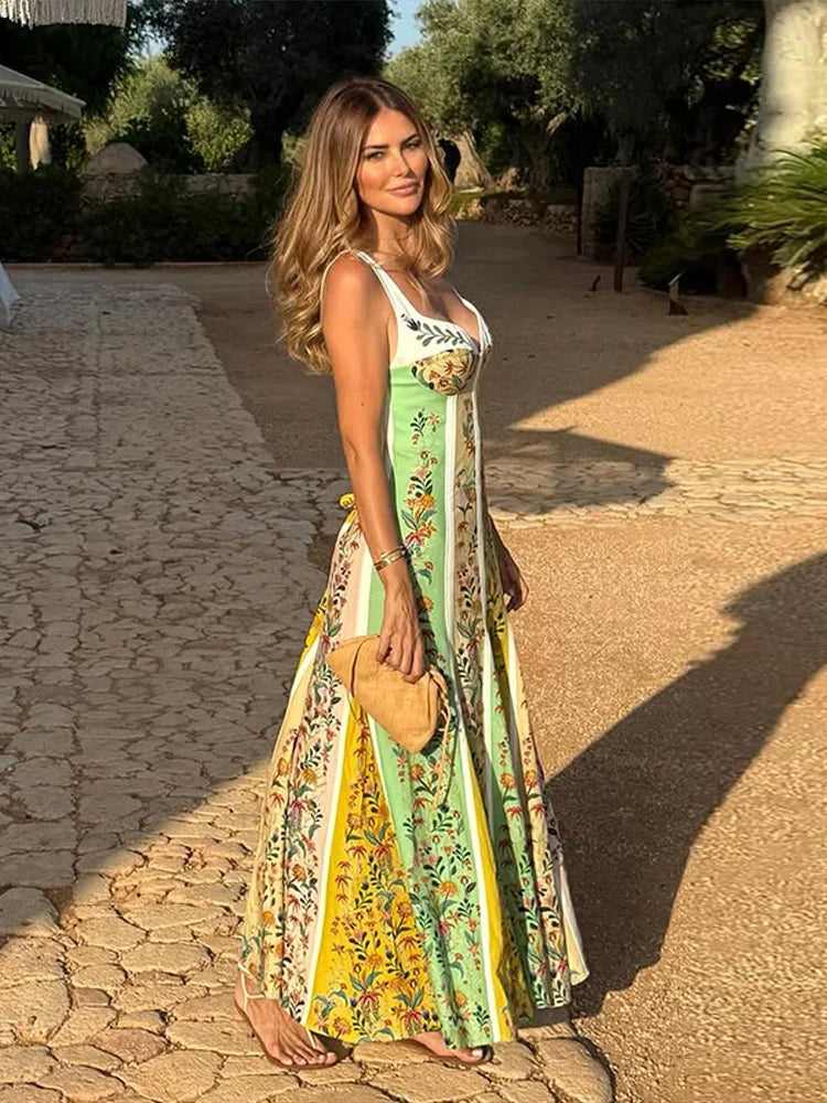 Sweetheart Neckline Floral Print Linen Blend Maxi Dress For Women