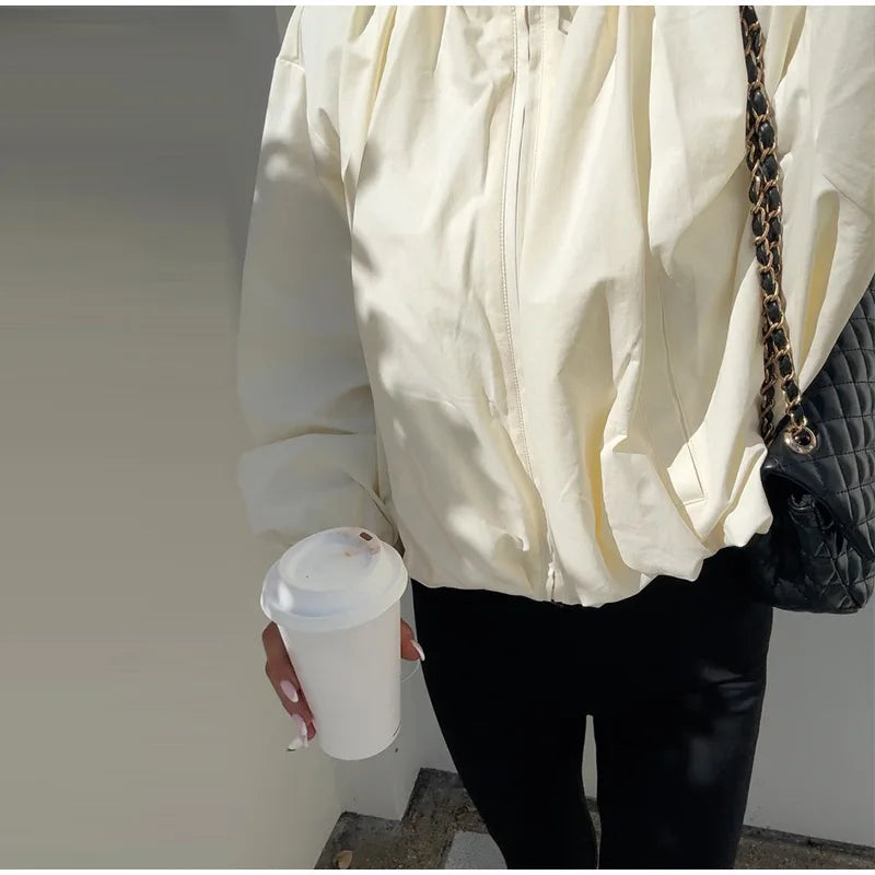 Zip Up High Neck Puff Sleeve Cropped Jacket For Women